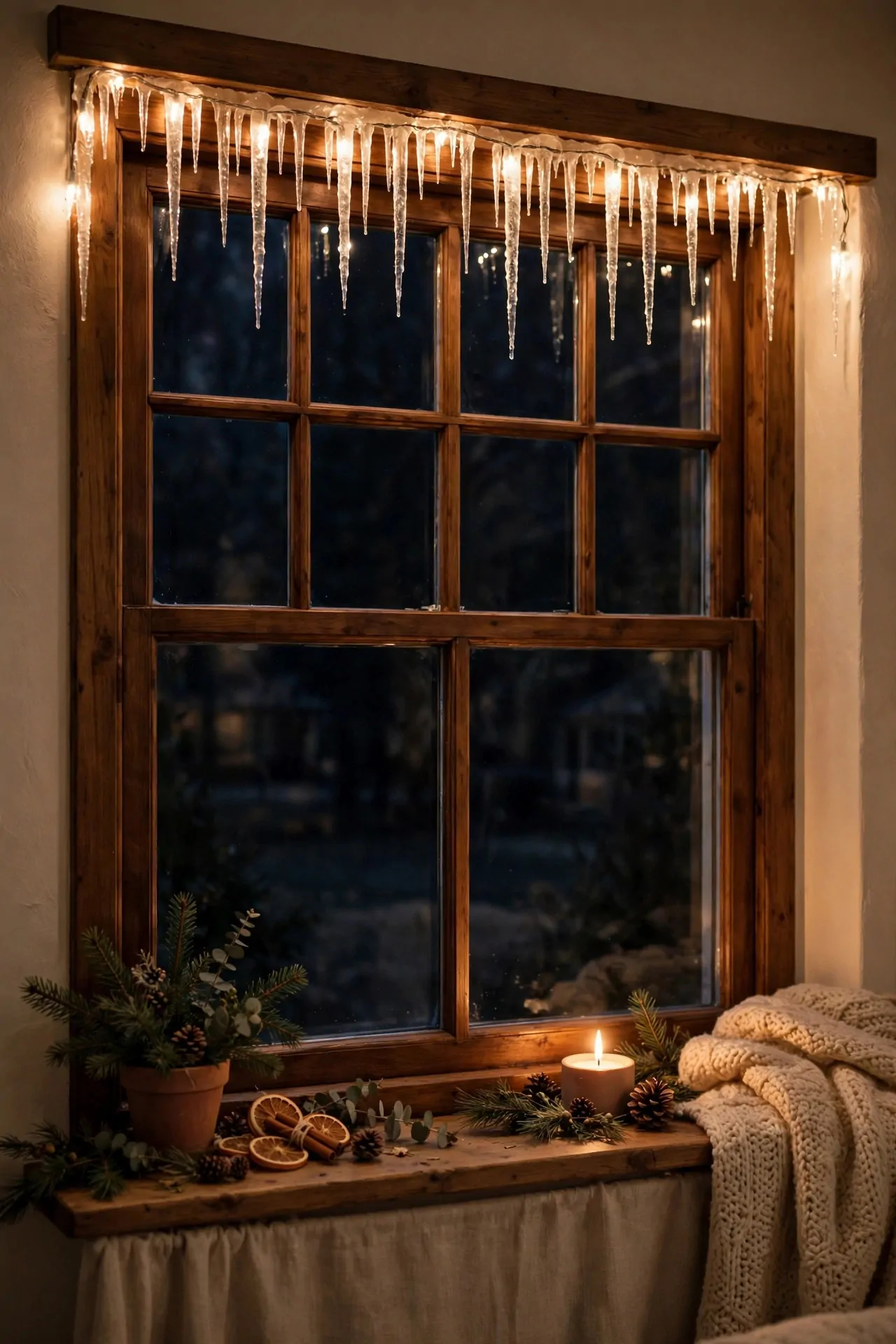 21 Christmas Window Decor Ideas for a Warm Glow Inside and Out 21 Warm-white icicle lights along the top of a window frame at night