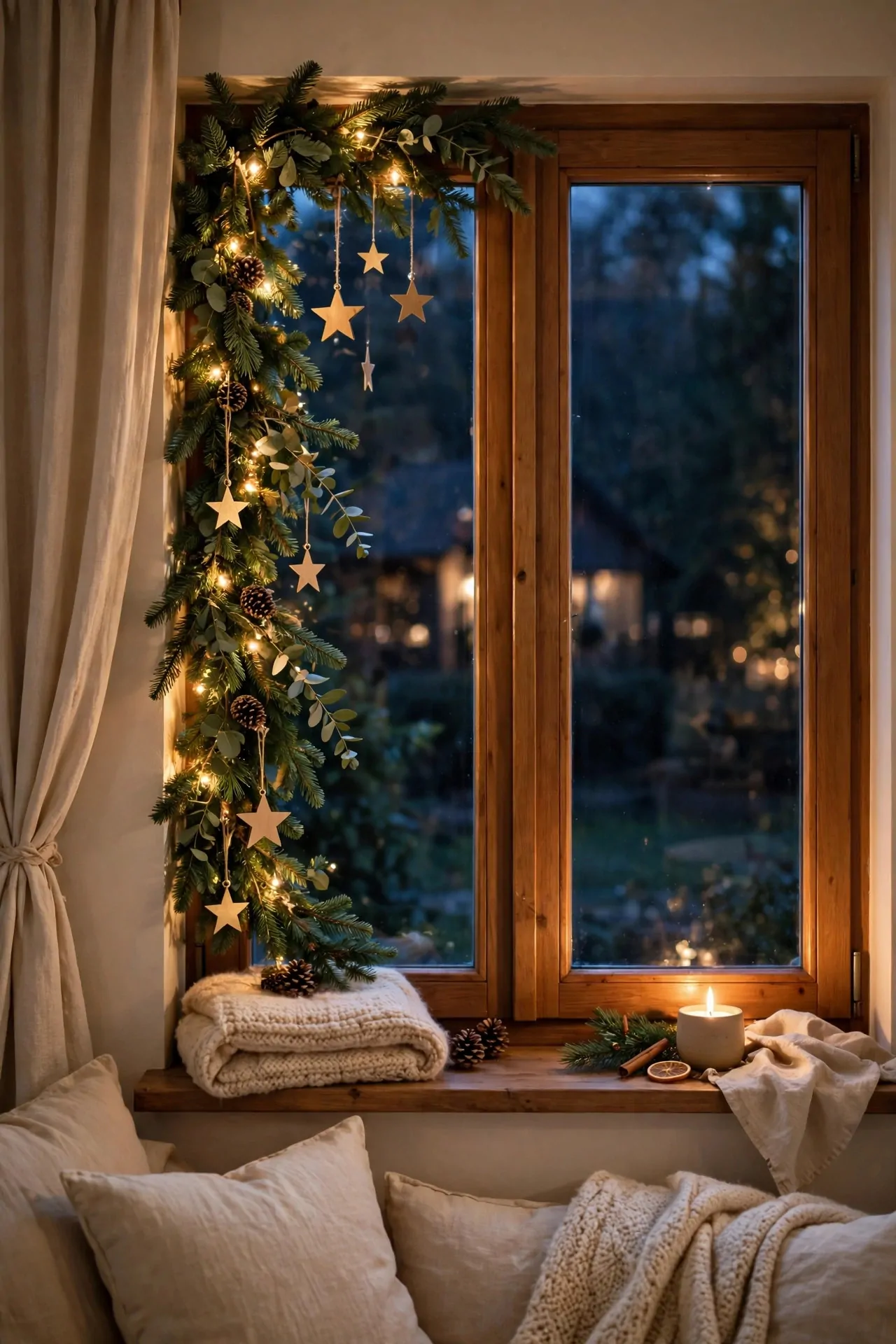 21 Christmas Window Decor Ideas for a Warm Glow Inside and Out 22 Window decorated on one side only with garland and stars, other side clear