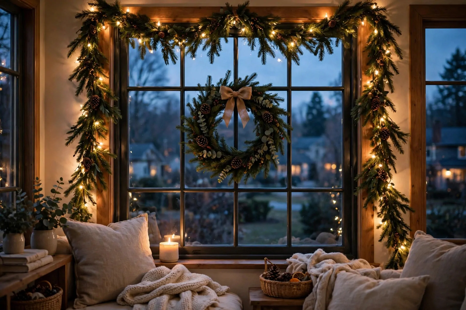 Living room window at dusk dressed for Christmas with evergreen garland, warm-white fairy lights and a centred wreath